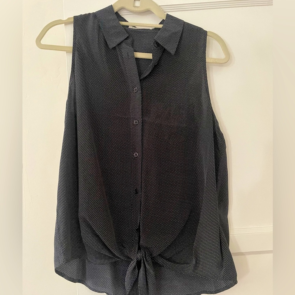 Navy blue polka dot silk top